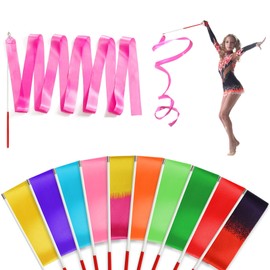 10pcs Dance Ribbons, Rainbow Gymnastics Ribbon Wands for Kids Dancer, Twirling Streamers on Stick for Artistic Dancing, Carnival & Birthday Party Favors, Cinco de Mayo Gifts, Outdoor Games