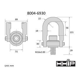 HHIP 8004-6930 Metric Standard U-Bar Safety Swivel Hoist Ring, Alloy Steel, 1,900 lb. Load Capacity, M16 x 2.00 Thread Size