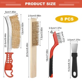 8 Pcs Wire Brushes For Cleaning, Wire Brush Set With Brass Wire Brush And Steel Wire Brush, Metal Brush Set With 2 Scrapers, 3 Sizes Of Steel Brush, Hand Wire Brush For Rust Removal
