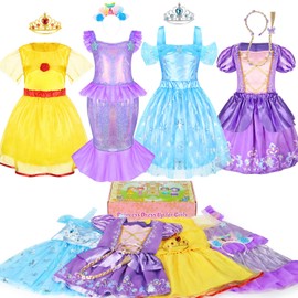 Chillife Princess Dress Up for Girls, Mermaid Princess Costume with Headbands Crown Role Play Toddler Costume Toys Christmas Birthday Gift for Girls Age 3 4 5 6 Years