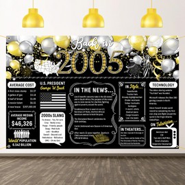 20th Birthday Black Gold Party Decoration Back in 2005 Backdrop Large Banner Birthday Party Poster Supplies Vintage 2005 Photography Background for Men & Women 20th Class Reunion Decor