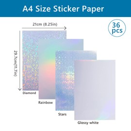 36 Sheets Vinyl Printable Sticker Paper A4 Size (8.25" x 11.7") Glossy Holographic Sticker Paper Self-Adhesive Waterproof Dries Quickly For Inkjet/Laser Printer