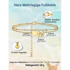 PROSTEEL Gold Anklet for Women, Double Heart Anklet with Letter A-Z, 18k Gold-Plated Foot Jewellery for Girls Women