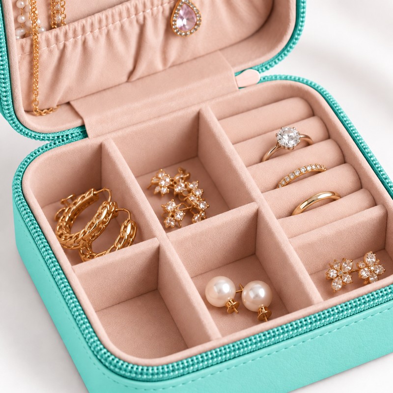 Portable Jewelry Case, PU Leather Travel Box, Earring and Ring