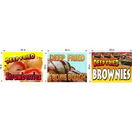 LOT OF 3 BANNERS 18" X 24" DEEP FRIED STRAWBERRIES COOKIE DOUGH AND BROWNIES