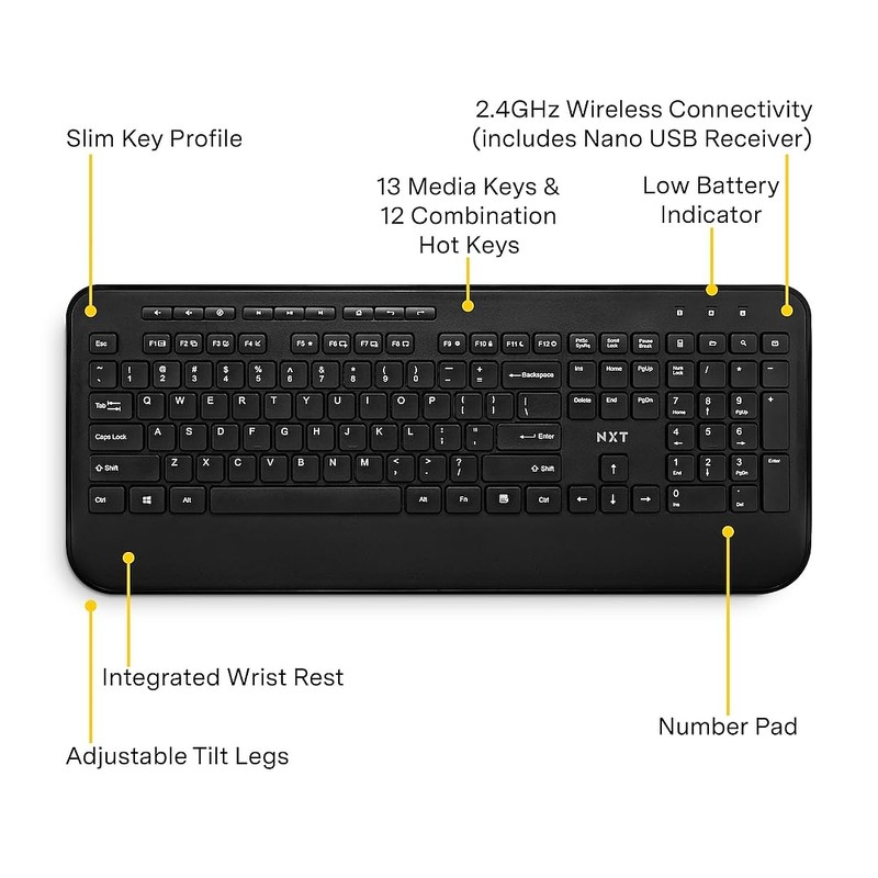 NXT Technologies Wireless Comfort Keyboard, Full‑Size with Wrist Rest, USB
