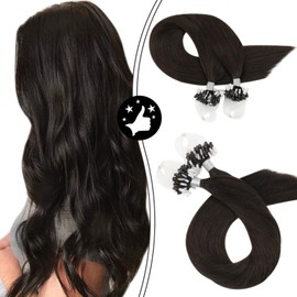 Moresoo Real Hair Extensions Micro Ring Brown Real Hair 14 Inches / 35 cm Pre Bonded MicroRing Hair Extensions Remy Darkest Brown #2 Cold Fusion Micro Loop Extensions, 1g/s 50g