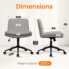 NEO Chair Criss Cross Chair with Wheels Armless Cross Legged Office Desk Wide Comfy Vanity Makeup Chair Adjustable Swivel Rolling Computer for Home Office PU Leather (Grey)