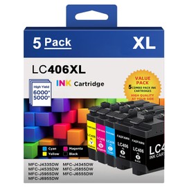 LC406XL Ink Cartridges 5-Pack (2BK/C/M/Y) Replacement for Brother LC406XL High Yield Ink Cartridges for use with MFC-J4535DW MFC-J4335DW MFC-J5855DW MFC-J6555DW Printers