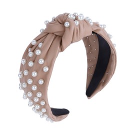 YISSION Pearl Knotted Headband for Women Non Slip Leather Beaded Headbands for women Wide Jeweled Embellished Hairband Khaki Headband Hair Accessories for Women Girls (White Pearl)