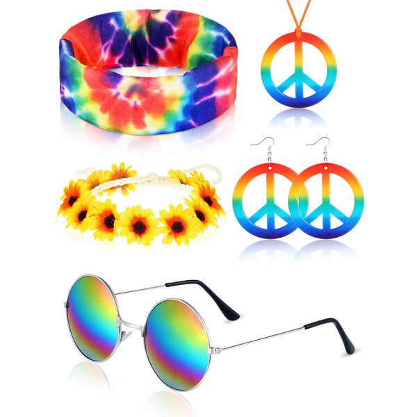 Frienda 5 Pieces Hippie Costume Set Glasses Headband Peace Sign Earrings Necklaces Tie Dye Bandana Hippie Accessories for 60s 70s(Rainbow Style)
