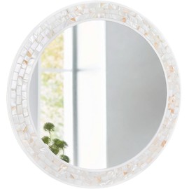 Mosaic Mirrors for Wall 24 Inch, Natural Mother of Pearl Inlay White Framed Round Mirror for Bathroom, Bedroom or Entryway