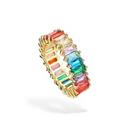 Michooyel Eternity Rainbow Ring Band Ring for Women Girls 18K Gold Plated Baguette Multicolor Cubic Zirconia Eternity Ring