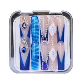 CAMILCY Press on Nails Handmade Nails Luxury Reusable Fake Nails For Girls Extra Long Coffin Armor Blue Diamonds Hand Painted Salon Loveful Design Acrylic Gel UV Finished 3D Nails 10PCS (B22, S)