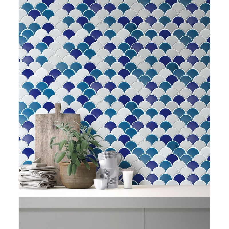 Tenedos Marbella Azul and Bianco Scallop Fishscale Textured Porcelain and