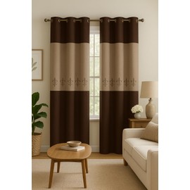 Jenin/WPM 2 Pieces Curtain Set Beige Brown Taupe Luxury Embroidery Panels Grommets Drapes-Elizabeth