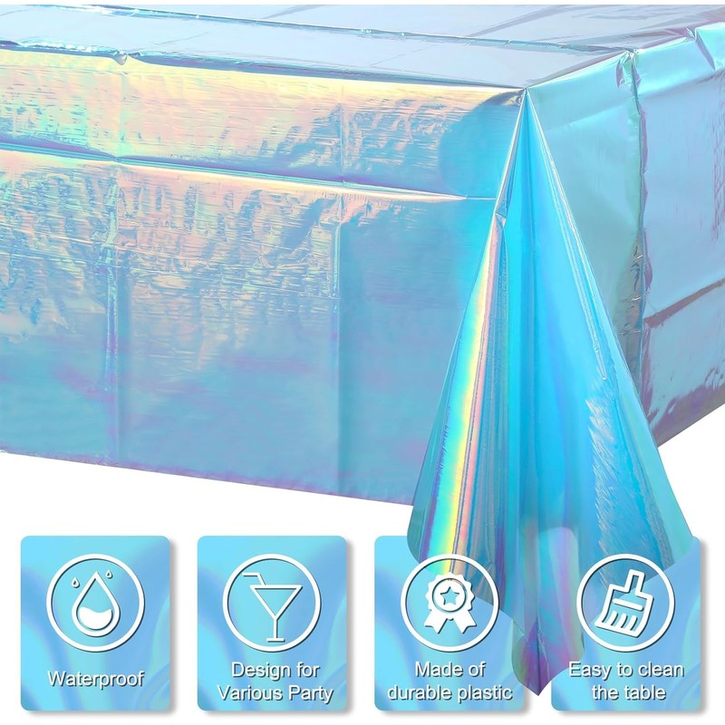 2Pack Iridescent Blue Plastic Tablecloth, Shiny Disposable Laser Rectangle Table