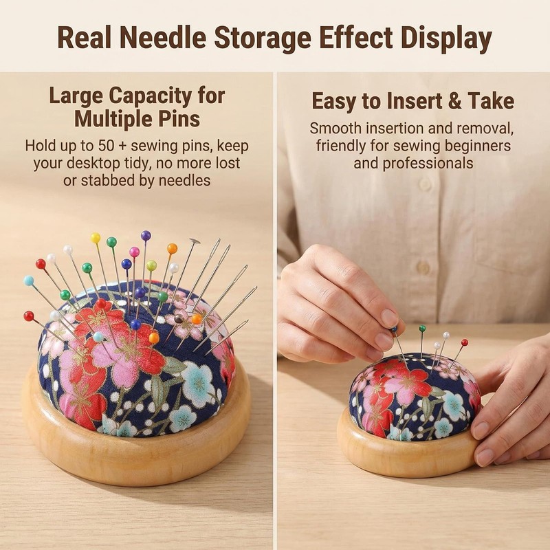 1Pcs Japanese Style Cherry Blossom Pin Cushion, Round Wooden Base