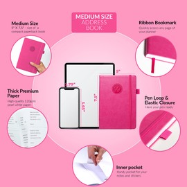 GoGirl Address Book – Telephone and Address Book with Alphabetic Tabs for Safely Storing Contacts, Medium-Sized (5.0″ x 7.5″) PU Leather Hardcover – Hot Pink