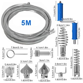 Rohrreinigungsspirale 5M, 12mm Spiraldurchmesser mit 6 Abflussreiniger Schneidkopf und 1 Manuellen Adaptern, Abflussreiniger Spirale für Toiletten Verstopfung Lösen, Kanalisation, Badewanne