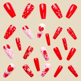 24 Pcs Red Valentines Press on Nails Glossy Fake Nails Heart Rose Design Medium Coffin False Nails Valentines Love Flower Acrylic Nails Full Cover Stick on Nails for Women DIY Manicure Decor