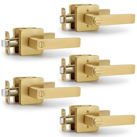 Moquin Brushed Gold 5 Pack Wholesale Heavy Duty Privacy Door Lever with Lock, Square Gold Keyless Interior Door Lever, Satin Brass Finish Handle for Bathroom/Bedroom Door Lock