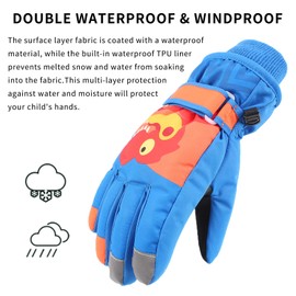 Pesaat Waterproof Kids Winter Gloves Cartoon Boys Girls Snow Mittens Warm Outdoor Ski Gloves with Fleece Lining (Royal Blue, L)