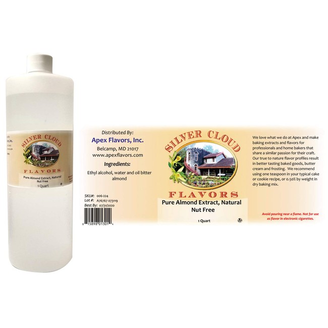 Pure Almond Extract, Natural - Nut Free - 1 Quart plastic bottle