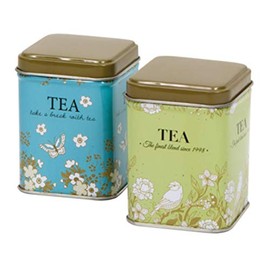 Set of 2 - Cottage Garden - Traditional Retro VIntage Small Square 50g Tea Caddy/Kitchen Storage Tins - BLUE/GREEN - 8.5cm