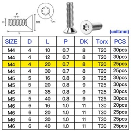 Mbsomnus Pack of 25 Flat Head Screws M4 x 20 mm Torx Screws M4 Stainless Steel A2 V2A with Hexalobular / Torx Drive Countersunk Screws Machine Screws Standard for Wood Home Furniture Metalwork