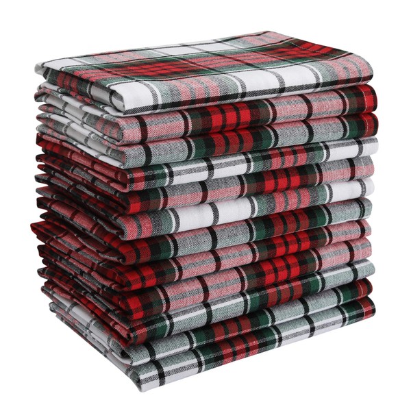 DG Collections Dinner Napkins, 100% Cotton Over Sized Kitchen Napkins, Set of 12 Pack (19 x 19 Inch) Red/White/Green Plaid Napkin for Christmas and Thanksgiving