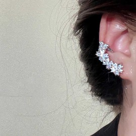 Andelaisi Boho Crystal Flower Ear Cuff Wrap Earring Silver Rhinestone Flower Cartilage Cuff Earrings Vintage Cz Flower Ear Cuff Climber Earrings Shiny Flower Non Piercing Earrings