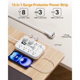 US to JP Plug Adapter, 3 Prong to 2 Prong Adapter, 5ft Extension Cord with 180° Rotating Plug, 8 AC Outlets 6 USB (3 USB C) Charging Ports, 1875W/15A, NO Surge Protector for Travel