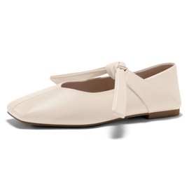 Coutgo Womens Mary Jane Flats Bow Square Toe Ballet Flats Dressy Comfortable Slip on Flat Shoes, Beige, Size 8