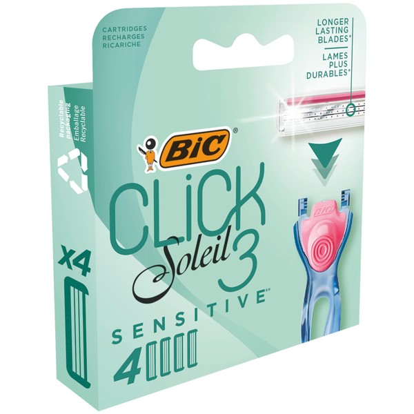 BIC Click 3 Soleil Sensitive Women's Razor Refills, 3 Moveable Blades and Lubricating Strip - Box of 4 Cartridges