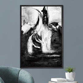 SIGNFORD Framed Canvas Print Wall Art Gray and White Brushstrokes Abstract Shapes Illustrations Minimalism Alternative Edgy Dark for Living Room, Bedroom, Office - 24"x36" Black