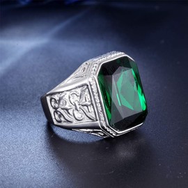 PAURO Men's Stainless Steel Vintage Square Wedding Rings with Large Stone Red/Green/Blue/White/Black, Stainless Steel