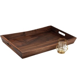 MAGIGO 22 x 14 Inches Large Rectangle Curved Black Walnut Wood Ottoman Tray with Handles, Serve Tea, Coffee, Classic Wooden Decorative Serving Tray