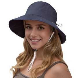 ehsbuy Sun Bucket Hats for Women UV Protection Wide Brim Foldable Ladies Waterproof Summer Hat with Adjustable Chin Strap for Beach Outdoor Fishing Safari Travel Navy