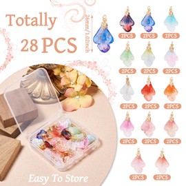 Beadthoven 28pcs Leaf Glass Pendants 14 Colors Lampwork Glass Crystal Charms Colorful Leaves Charms Dangle Drop Beads with Golden Clasps Findings for Jewelry Making Necklace Earrings DIY Crafts,