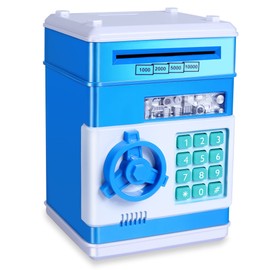 GuDoQi Piggy Bank, Electronic Money Bank, Safe Mini ATM Cash Coin Can, Auto Scroll Paper Money Saving Box, Great Birthday for Kids, Blue White