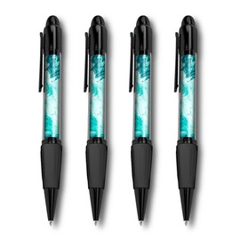 Set of 4 Black Ballpoint Pens (Photo Insert) - Teal Aqua Ink Art Marble Effect - Soft Feel Finger Grip #53471