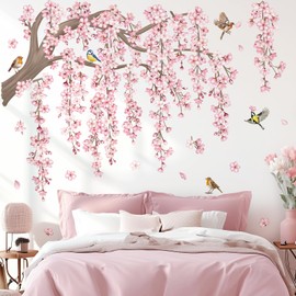 decalmile Large Pink Flower Tree Branch Wall Decals Cherry Blossom Tree Floral Birds Wall Stickers Living Room Bedroom Tv Background Wall Decor