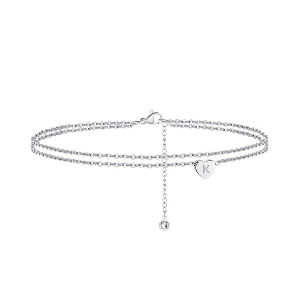 Turandoss Silver Layered Ankle Bracelets for Women Initials, 14K White