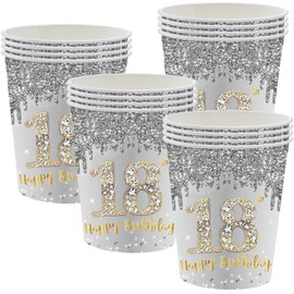 POPOYU 16Pcs 18th Birthday Silver Paper Cups,18th Silver Grey Girls Birthday Party Paper Cups,Happy 18th·Birthday Tableware Decorations for Her,Him,Girls,Boys,18th·Birthday Gifts Party Supplies