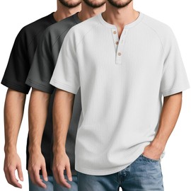 Neer 3 Pack Men's Ribbed Henley Shirts Short Sleeve Raglan Casual T-Shirts Classic Summer Button Placket Muscle Tees (Black, Dark Gray, White,Small)