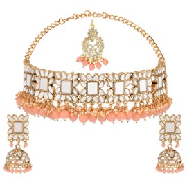 Efulgenz Indian Jewelry Set Crystal Choker Necklace Jhumka Earrings Maang Tikka Head Chain Bollywood Wedding Bridal Jewelry for Women, Copper, not known