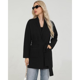 Totatuit Women's Cardigans with Belt Lightweight 2024 Fall Casual Dressy Long Sleeve Open Front Knit Long Cardigan Sweater Jacket Coatigan with Pockets Black L