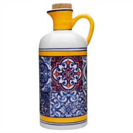 Alcoa Arte Portuguese Pottery Alcobaça Ceramic Olive Oil Cruet Bottle Dispenser for Kitchen (Yellow), 4 in x 3 in x 7.5 in Inch (L x W x H)