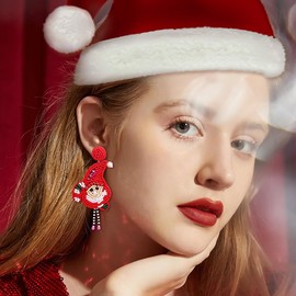 BriLove Christmas Xmas Santa Claus Earrings Simulated Pearl Beaded Dangle Earrings for Women Christmas Party Holiday Gift Red